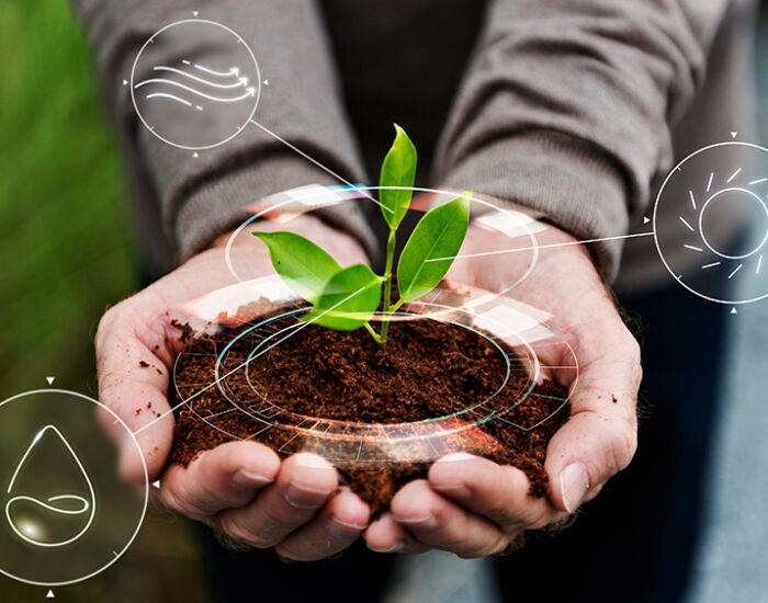 Smart agriculture IoT with hand planting tree background Smart agriculture IoT with hand planting tree background